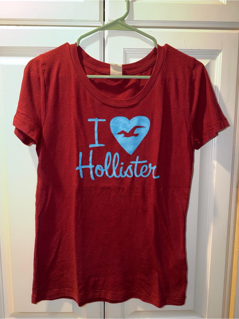 Hollister Red Tee with Light Blue Heart Logo Size Youth L